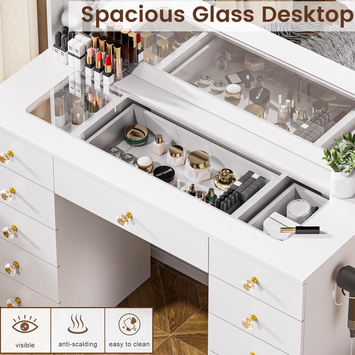 White Vanity Desk with Mirror 10 LED Lights 11 Drawers O20292