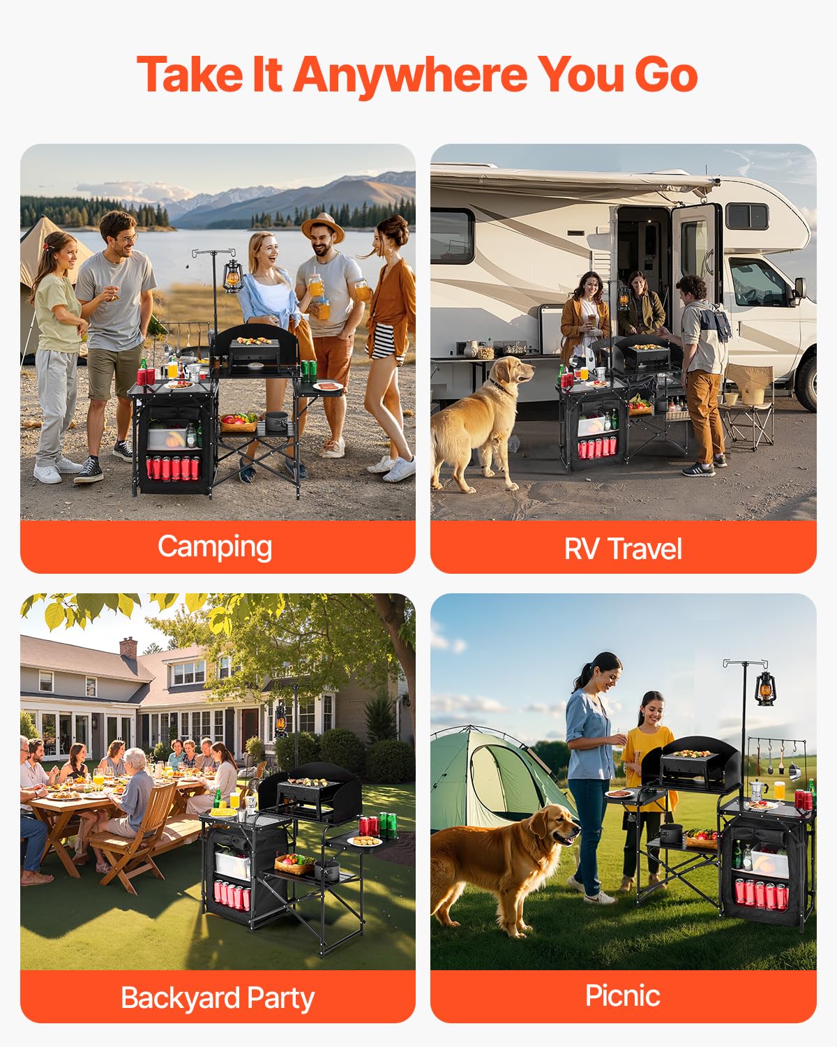 Black Aluminum Camping Kitchen Table with Storage Cupboard P187768