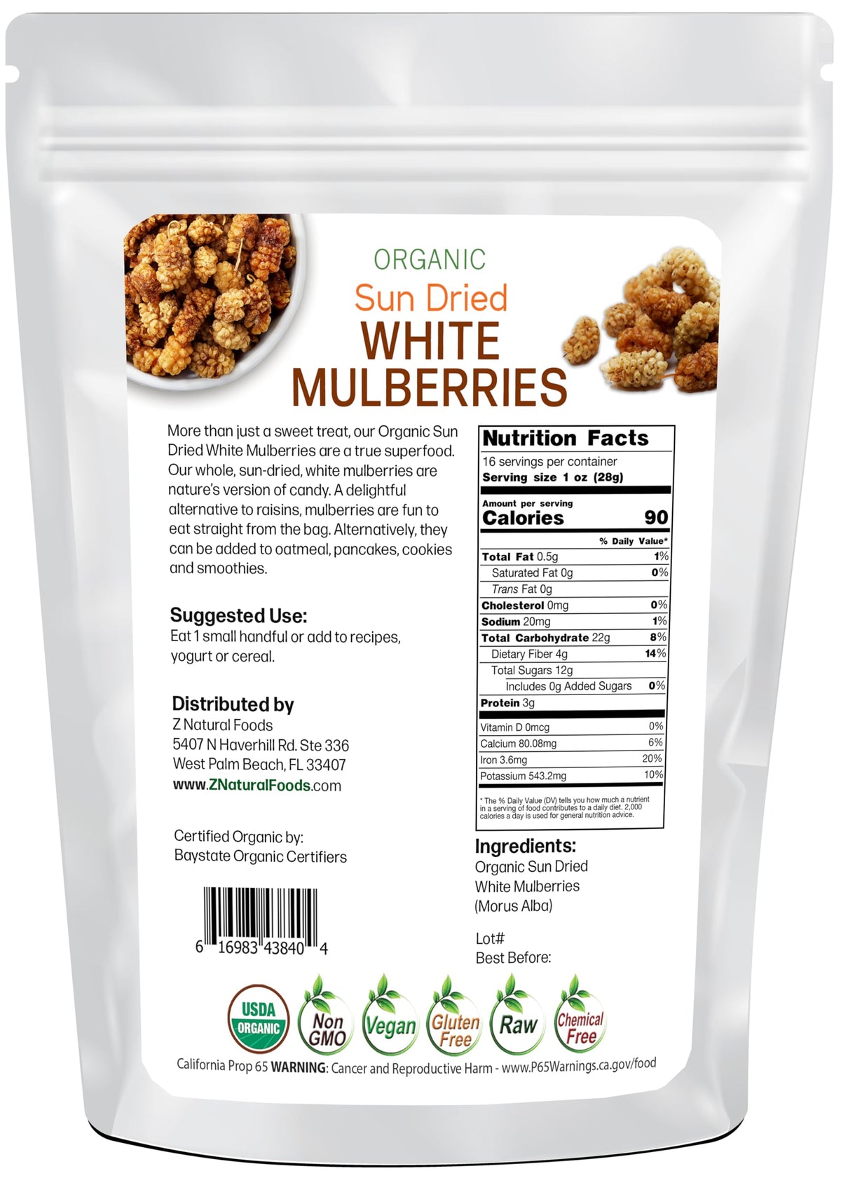 Organic White Mulberries Sun Dried 1 lb Y745082