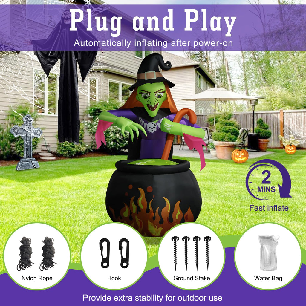 8Ft Tall Halloween Inflatable Witch Cauldron with 4 Led Lights O880