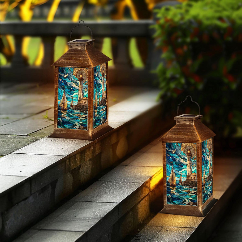 Solar Lantern Stained Glass Outdoor Waterproof Hanging Solar Light U9738