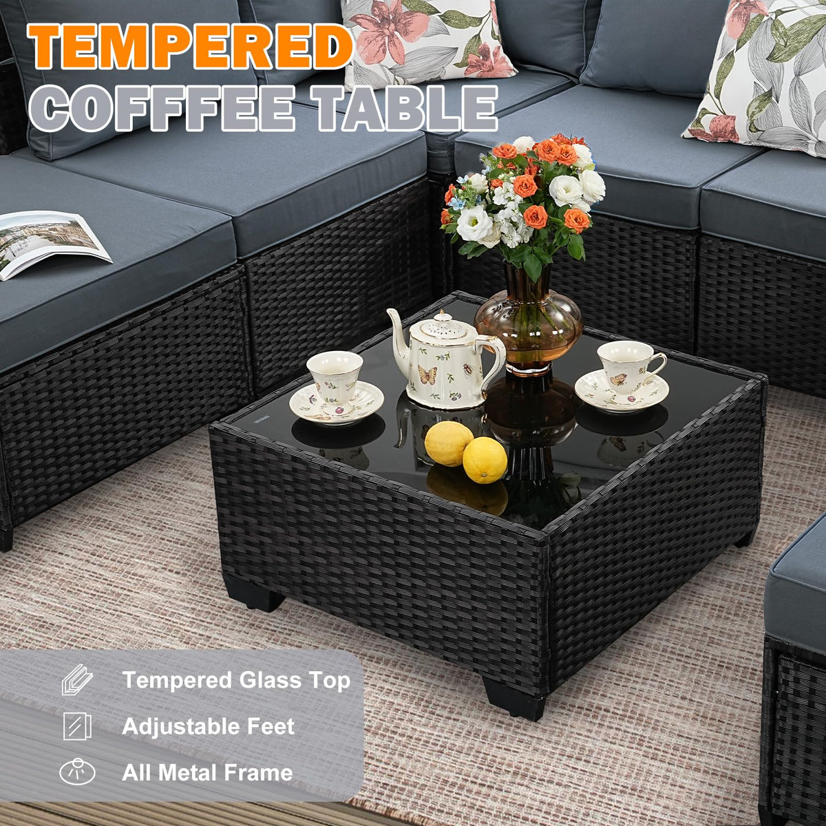 5 Pieces Wicker PE Rattan Patio Furniture Set with Cushion & Coffee Table, Grey P28874