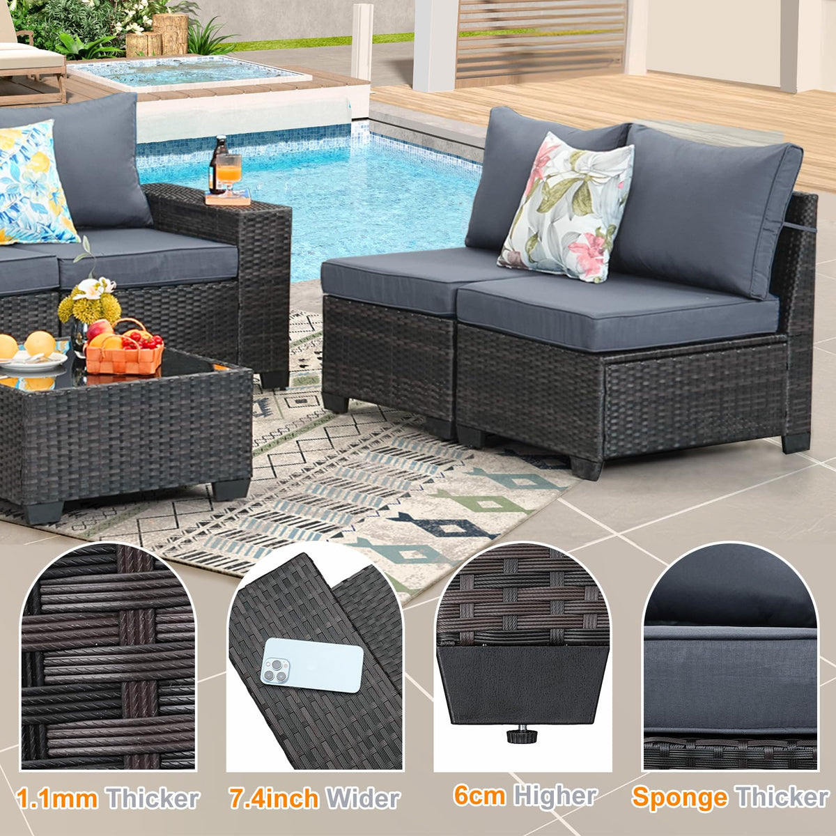 5 Pieces Wicker PE Rattan Patio Furniture Set with Cushion & Coffee Table, Grey P28874