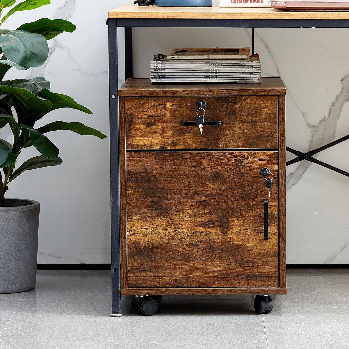 1 Drawer Wood File Cabinet with Lock and Wheels T387