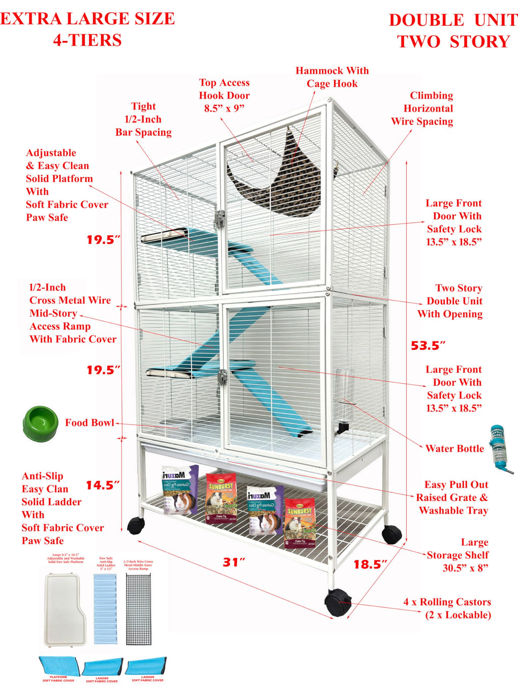 X-Large 4-Tiers Two Full Story Double Unit Critter Home On Wheels S2926