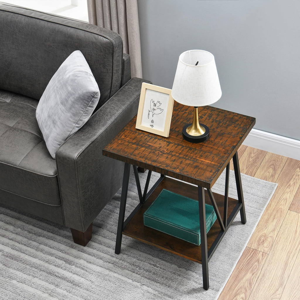 Mid Century Modern End Table with Storage, 2-Tier Open Shelves, Cherry Walnut N961