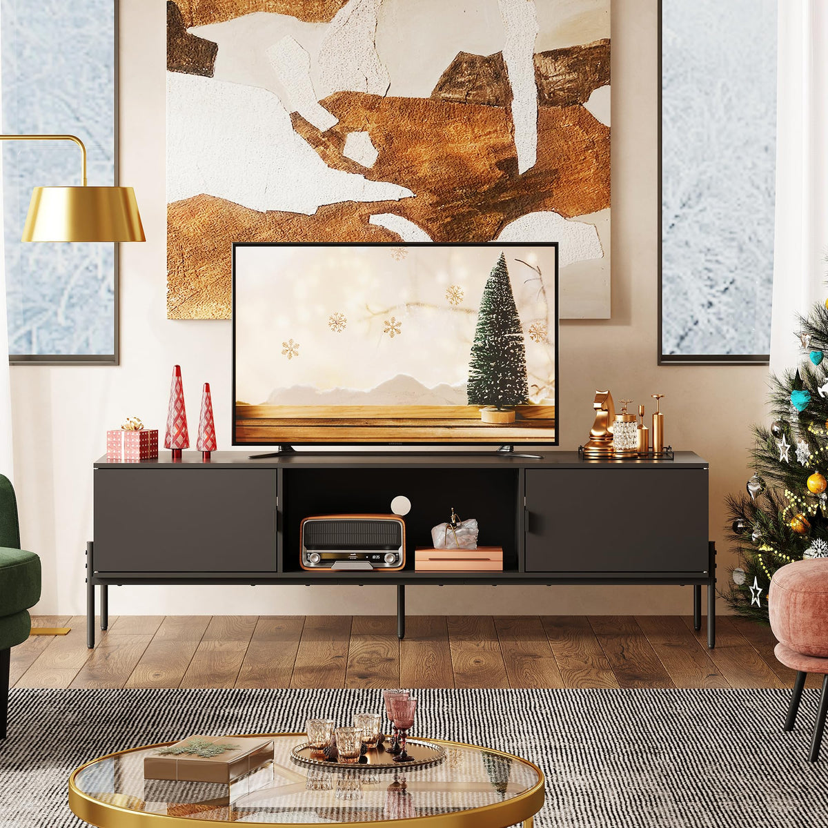 Black TV Stand with Metal Legs D713
