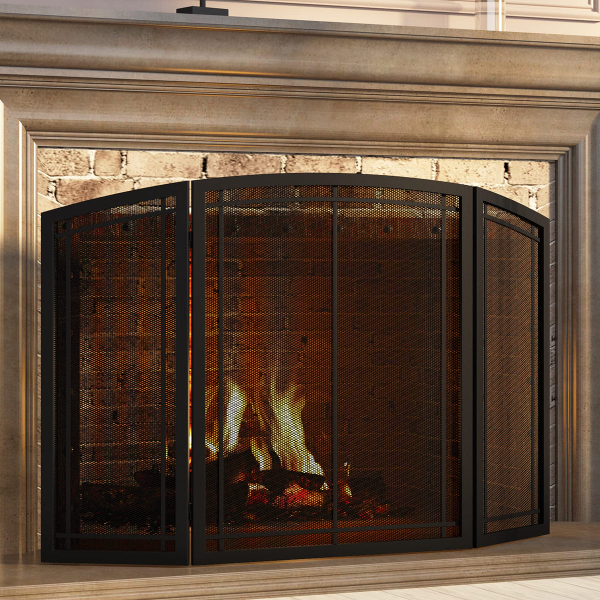 Black 3 Panel Wrought Iron Fireplace Screen 48x30 Inch Y168716