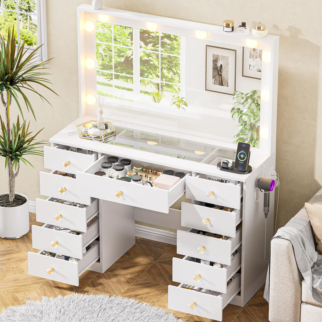White Vanity Desk with Mirror 10 LED Lights 11 Drawers O20292