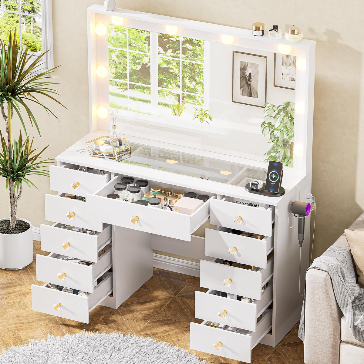 White Vanity Desk with Mirror 10 LED Lights 11 Drawers O20292