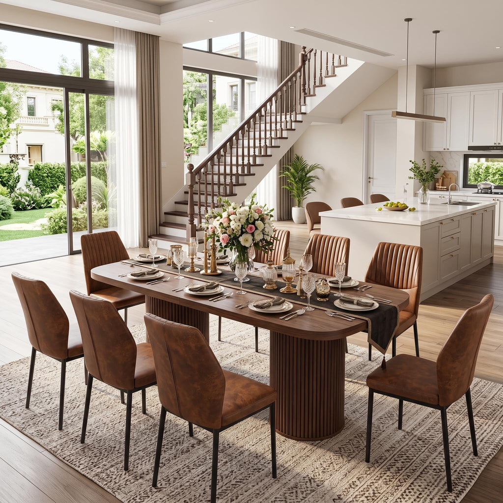79" Rectangular Wood Dining Table Set for 8 with Cushioned Chairs N7787