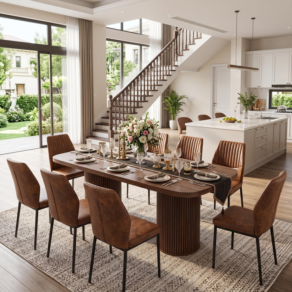 79" Rectangular Wood Dining Table Set for 8 with Cushioned Chairs N7787