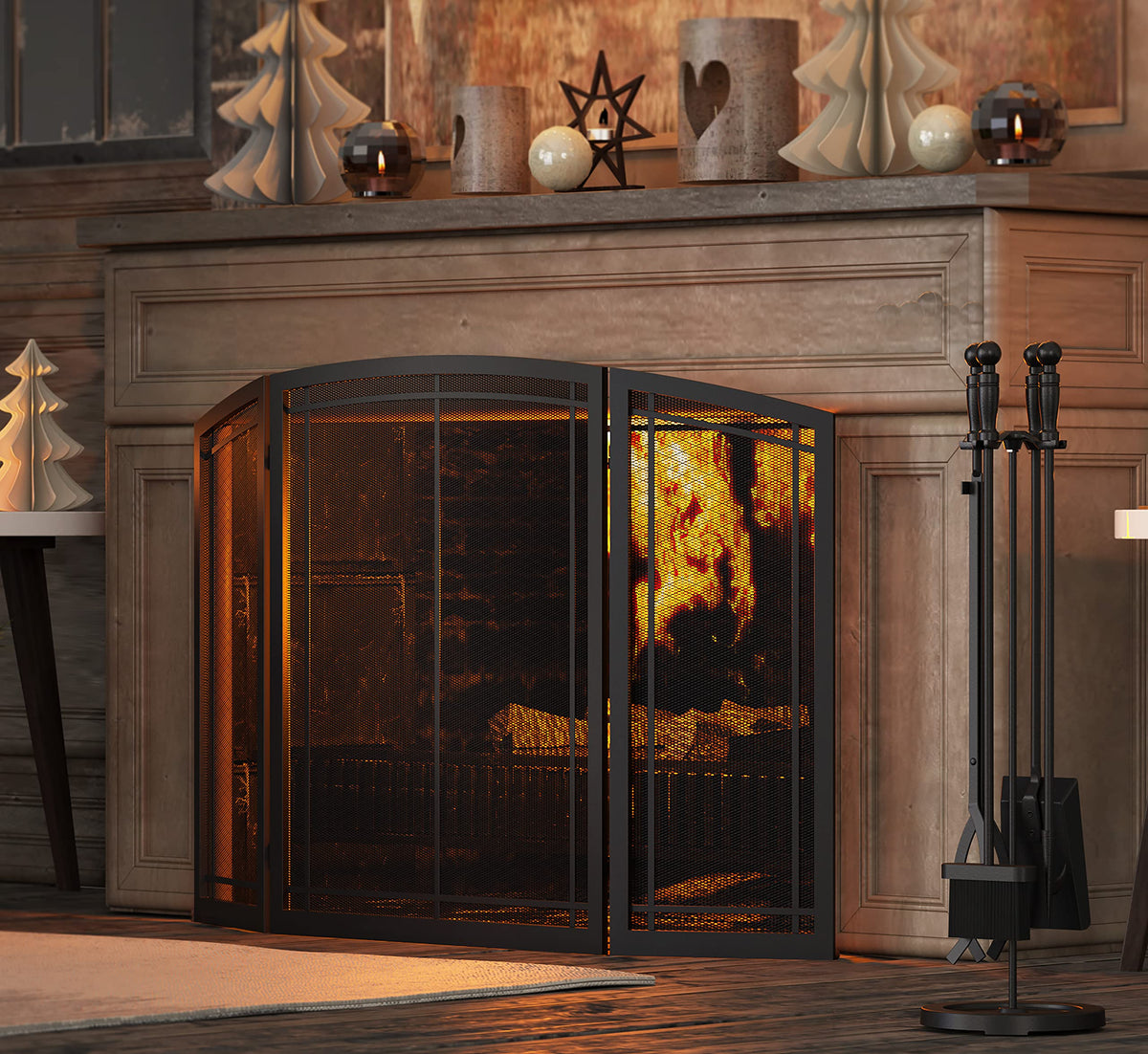 Black 3 Panel Wrought Iron Fireplace Screen 48x30 Inch Y168716