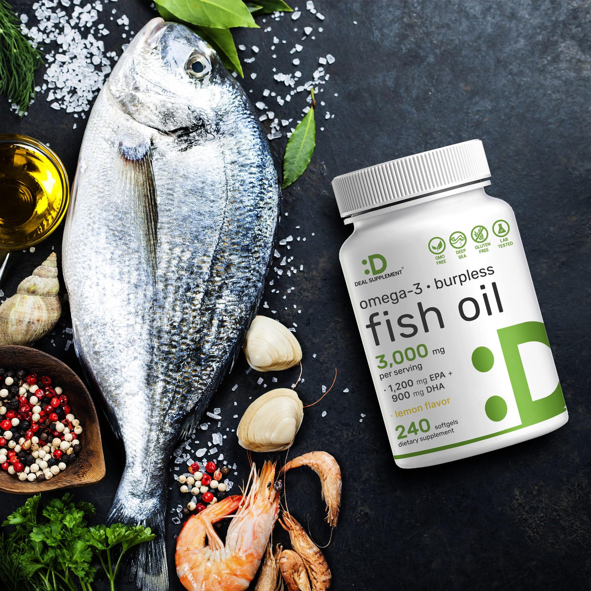 Omega 3 Fish Oil 3,000mg 240 Softgels EPA DHA Lemon Flavored C82125