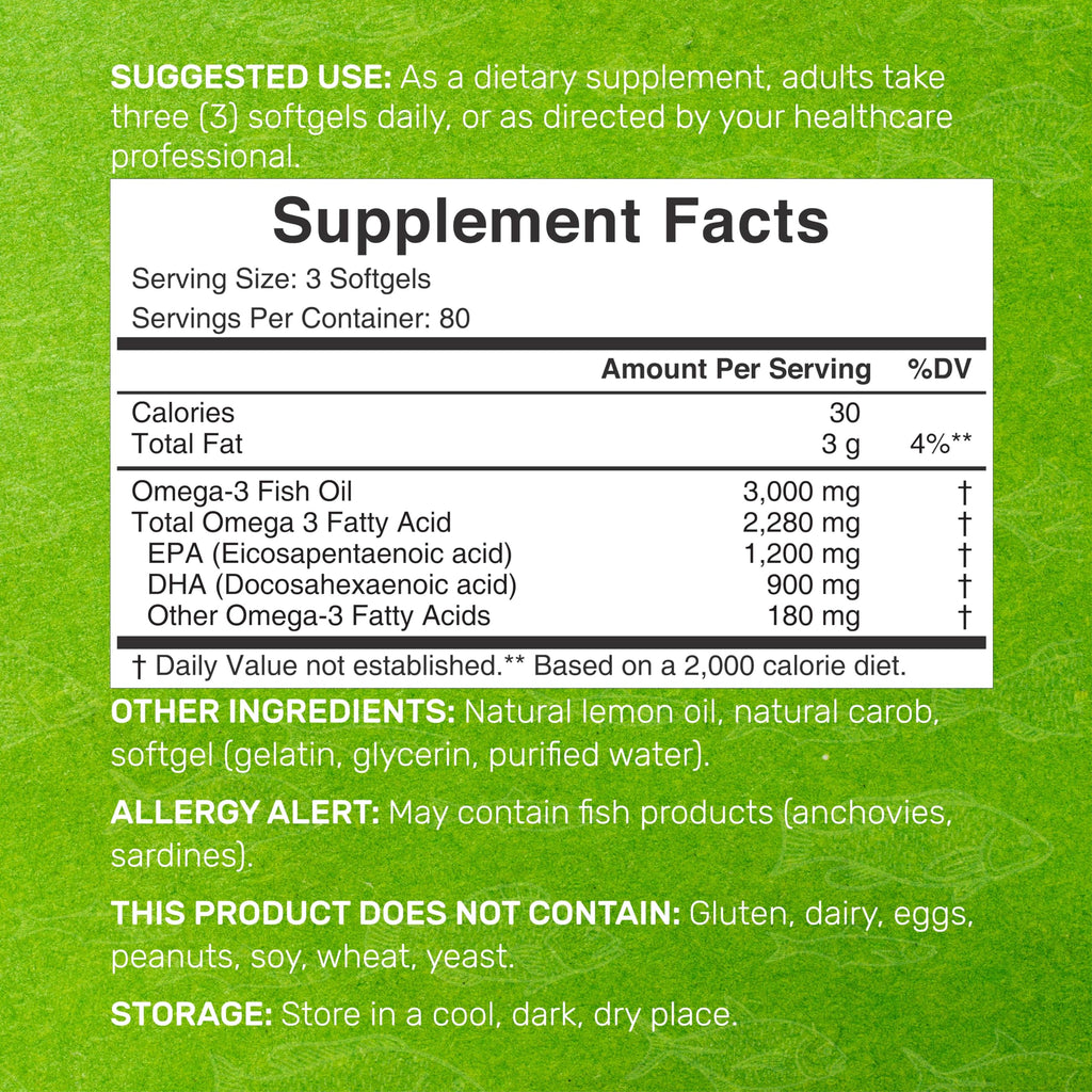 Omega 3 Fish Oil 3,000mg 240 Softgels EPA DHA Lemon Flavored C82125