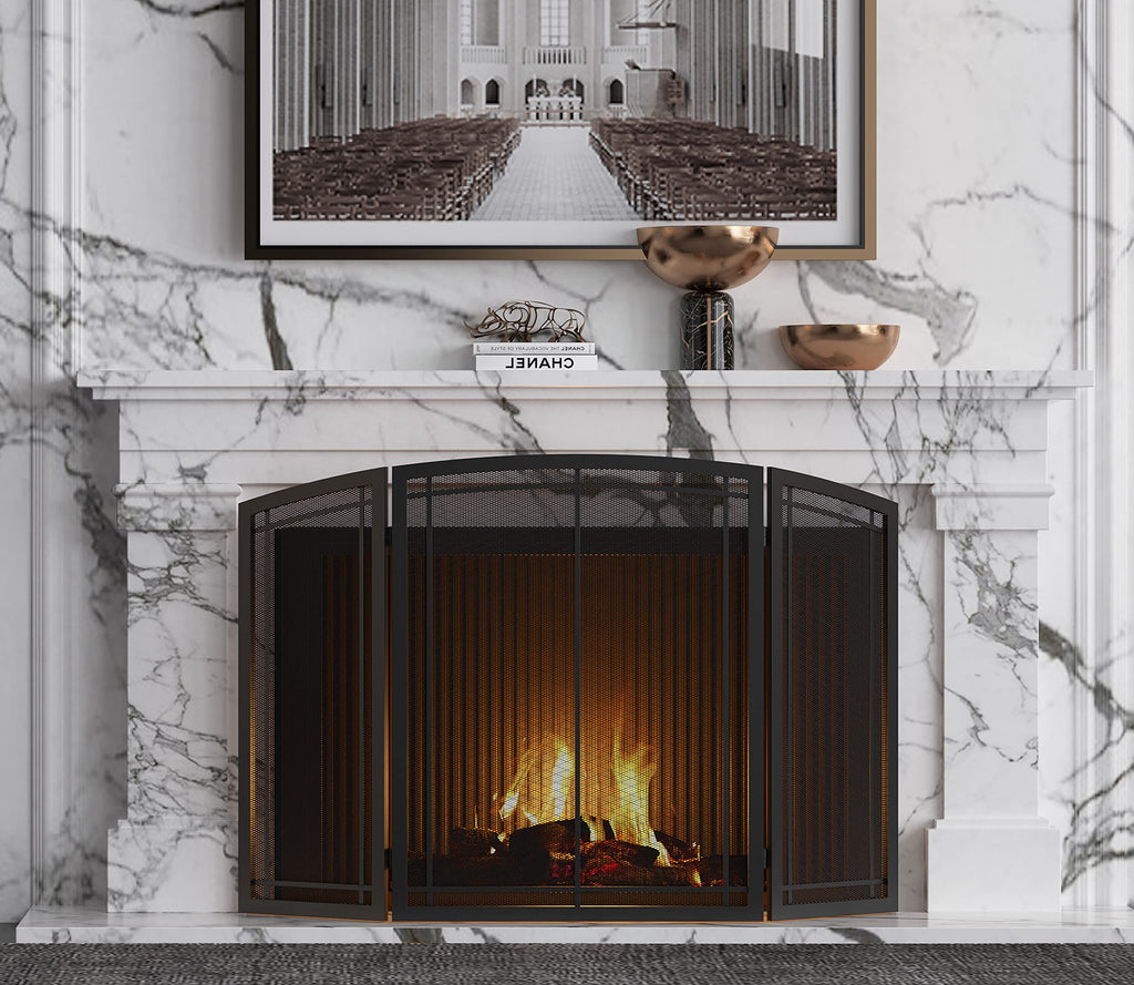 Black 3 Panel Wrought Iron Fireplace Screen 48x30 Inch Y168716