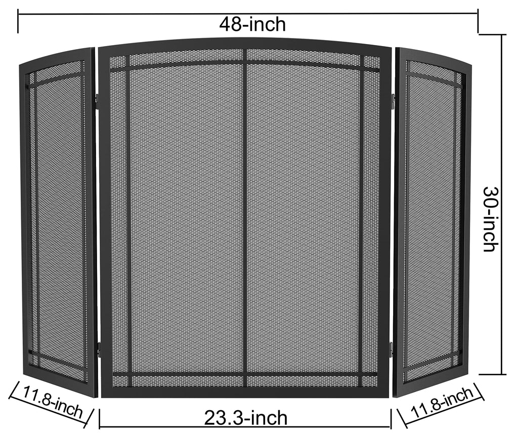 Black 3 Panel Wrought Iron Fireplace Screen 48x30 Inch Y168716